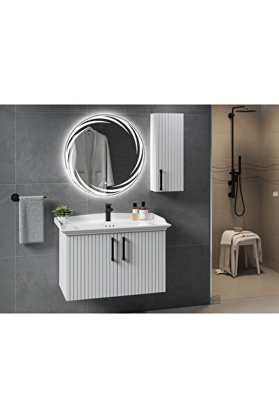 ROSEART BANYO SLİM 80CM BEYAZ BANYO DOLABI SETİ AYNA + LAVABO + ALT MODÜL + M...