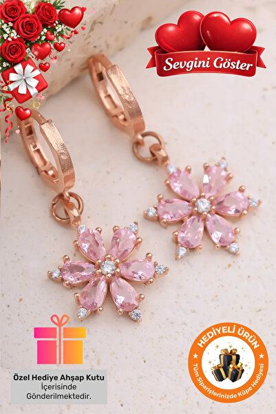 Lucente Jewellery 925 Ayar Hediye Kutulu Lotus Küpe Rose Gümüş Kaplama Sevgil...
