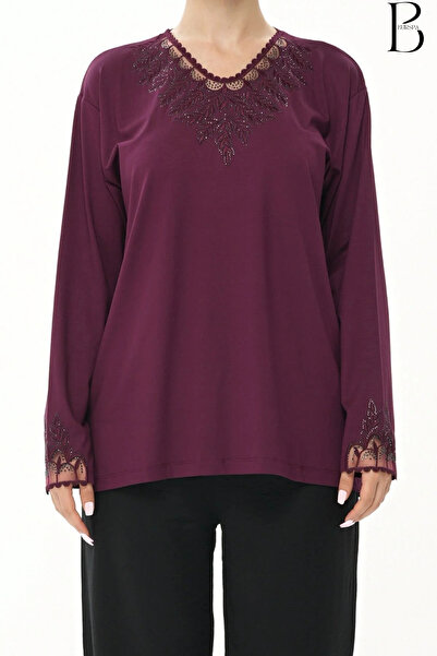 BURSPA Bluză din bumbac pieptănat cu prune și tul cu detaliu brodat cu piatră