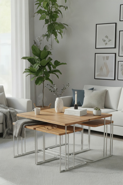 usta mekan Seul 5 li Tekerli Gümüş Ceviz Yavrulu 4+1 Kare Orta Sehpa