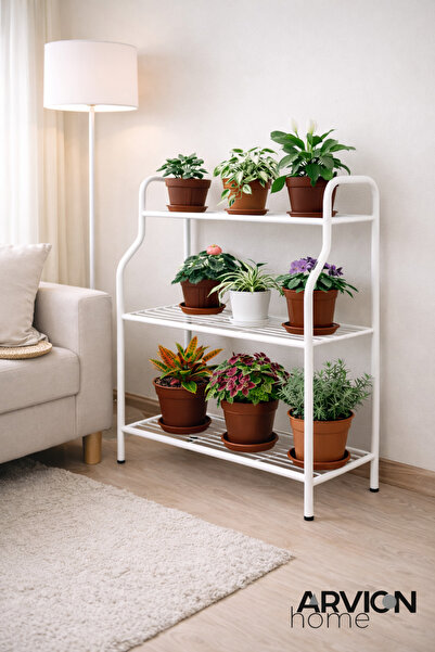 ARVİONHOME Beyaz 3 Katlı Metal Mutfak Ve Saksılık Raflı