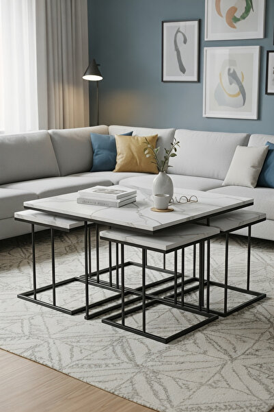 usta mekan Star 5 li Siyah Beyaz Mermer Desen Yavrulu 4+1 Kare Orta Sehpa