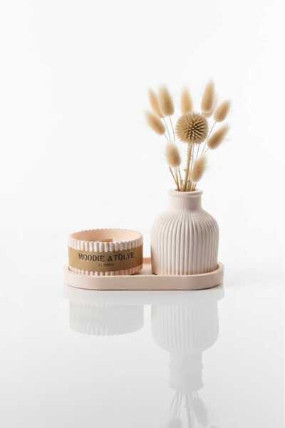 Moodie&Moody Çizgili Seramik Vazo Ve Mum Seti – 3’lü Dekoratif Masa Süsü - Ya...