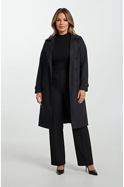 Spazio İmperatrice Kruvaze Yaka Kuşaklı Trençkot SİYAH