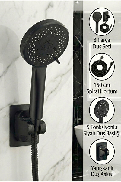 Plodna House Siyah Duş Başlıklı 150 CM Hortumlu ve Yapışkanlı Mafsallı Duş Seti