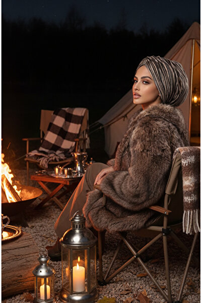 Aişe tesettür Füme Bej Kadife Büzgülü Salaş Bone