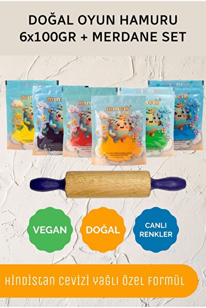 Mıncık Oyuncak Doğal Oyun Hamuru Paketi - 6'lı Set + Ahşap Merdane
