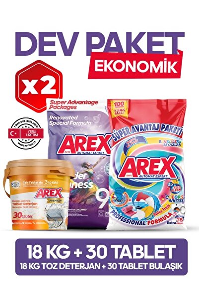 AREX "büyük Ekonomi Paketi ; 18 Kg Toz Çamaşır Deterjanı Color&White, Bulaşık...