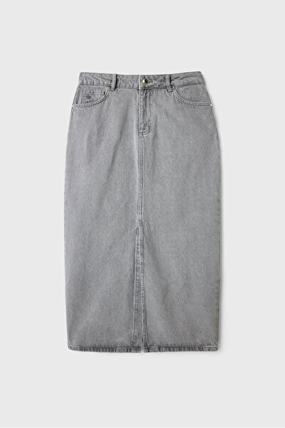 Naramaxx Yırtmaçlı Midi Boy Gri Kot Etek