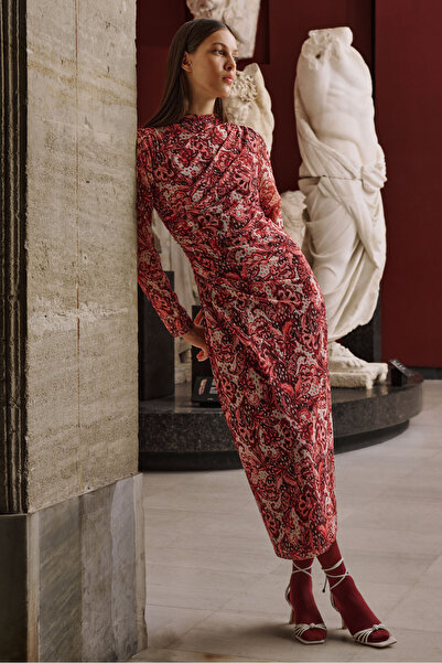 Naramaxx Büzgü Detaylı Şal Desen Uzun Elbise