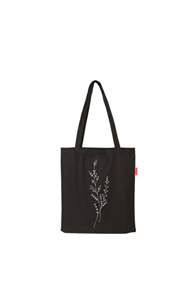 Baghashtag Tek Dal Çiçek Baskılı Siyah Bez Çanta