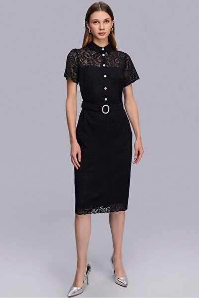 Naramaxx Taşlı Düğmeli Midi Boy Siyah Dantel Elbise