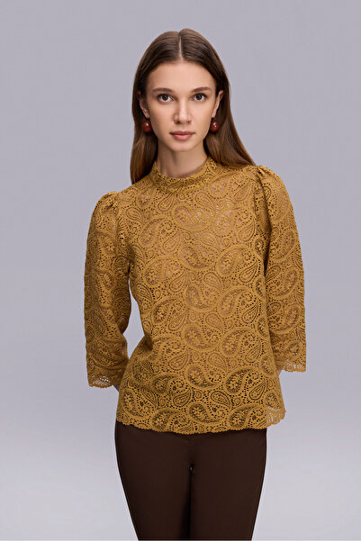 Naramaxx Dik Yaka Truvakar Kol Yeşil Dantel Bluz