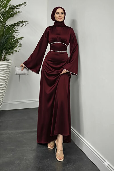 Aysan Moda Vlasi Kolu Ve Beli Inci Taşlı Saten Abiye Siyah