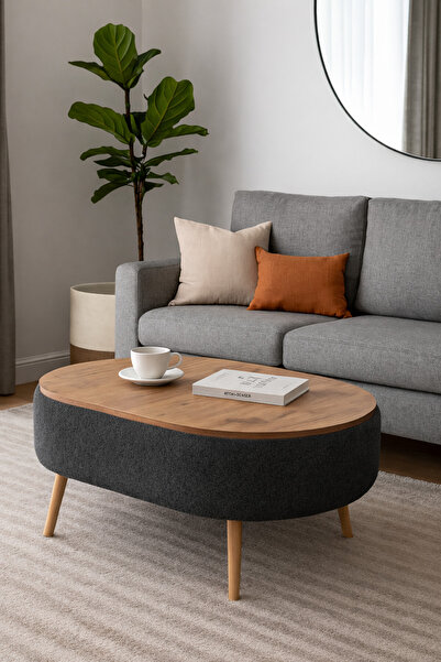 own home Luno Orta Sehpa, Teddy Kumaş Kaplamalı Ahşap Ayaklı Yuvarlak Orta Se...