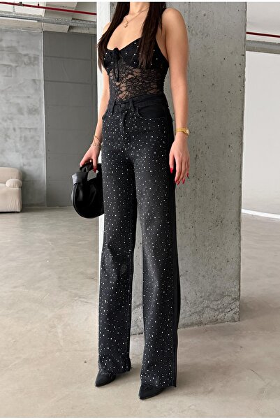 Bluezoni Women's Black Straight Shiny Stone Special Design Jean Denim Trousers