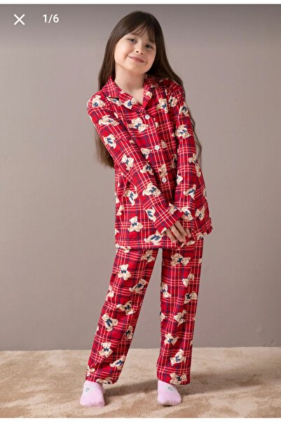 zahider Set de pijamale pentru fete din bumbac și piele intoarsa, cu nasturi