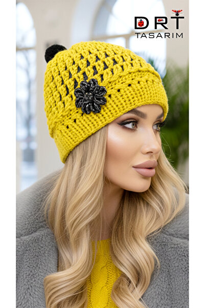 drt tasarım قبعة بيضاء منقوشة باللون الرمادي والأصفر يمكن ارتداؤها على الوجهين