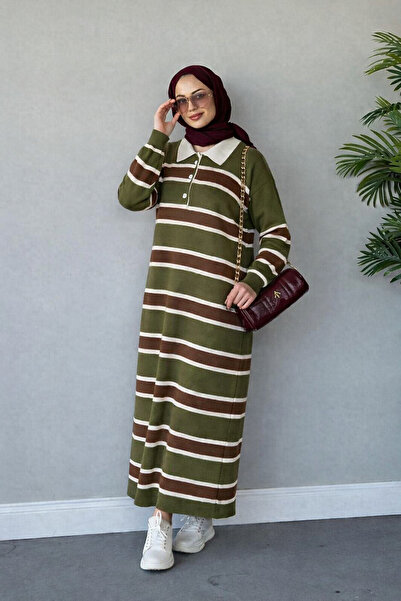 markazzi فستان نسائي محتشم بياقة بولو مخططة من التريكو