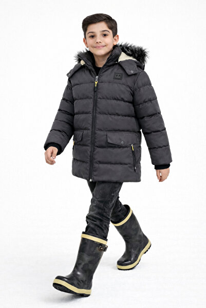 REGOS Erkek Gri Çıkartılabilir Kapüşonlu Içi Kürklü Su Ve Rüzgar Geçirmez Çoç...