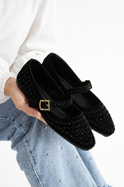 STOCON Чорні жіночі балетки на тонкому каблуці з ремінцем і дизайном у вигляд...