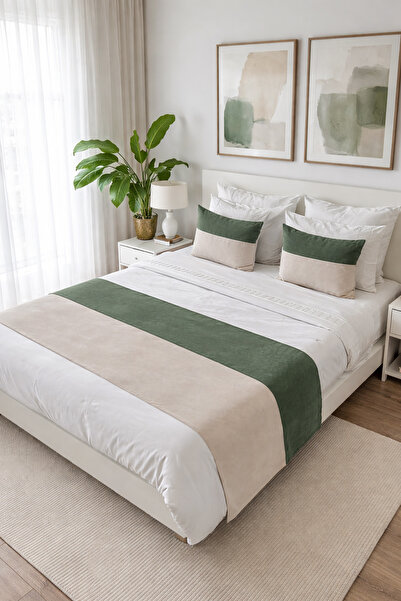 RİTMOHOME طقم مفرش سرير ووسادة رمي مبطنة مقاس مزدوج كريمي/أخضر، مهر، مفرش سرير