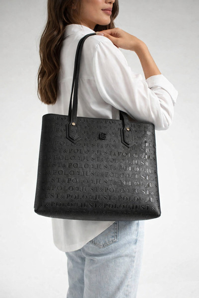 Just Polo حقيبة يد وكتف نسائية سوداء كبيرة الحجم-BD4028