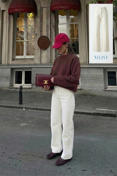 NİLİST Women's Ecru Denim Jeans with Wide Leg Wide Leg Embroidery Detail