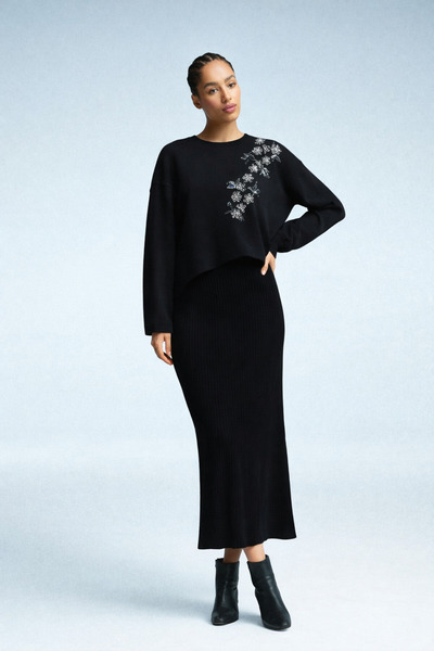 markazzi Women's Ecru Top Beaded Detailed Bolero Sweater Bottom Suspender Dre...