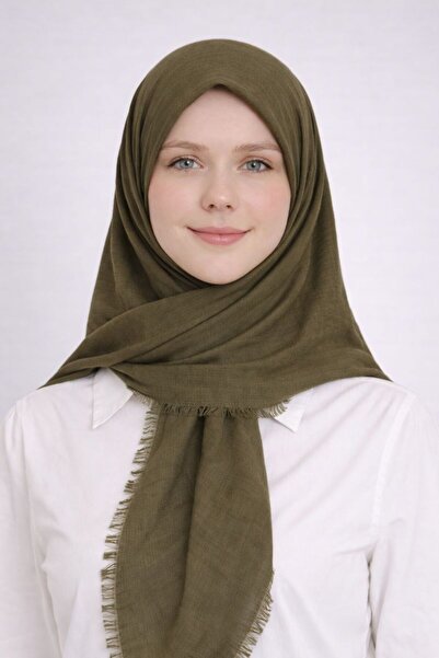 Merve Nayir Eșarfă din bumbac cu franjuri verde kaki, eșarfă cu franjuri plat...