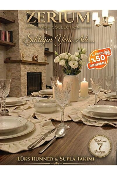 ZERİUM Fırfırlı Ham Keten 7’li Runner ve Supla Şık Sofra & Sunum Çeyiz Seti –...