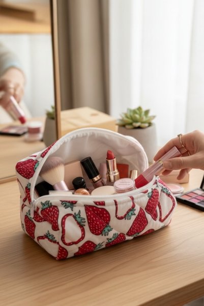 Bestway ve Diğeri Strawberry Pattern Makeup Cosmetic Travel Health Quilted Bag