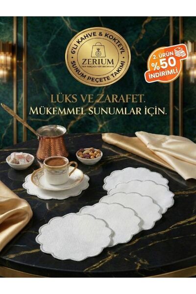 ZERİUM Premium 6’lı Kokteyl ve Kahve Altı Sunum Peçetesi Gümüş Nakış Serisi