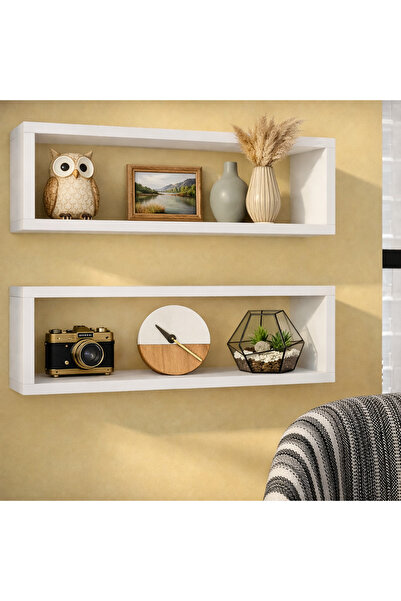 GlowUPMODA 50x25 cm Dekoratif Duvar Rafı | Beyaz Asma Kitap & Obje Rafı