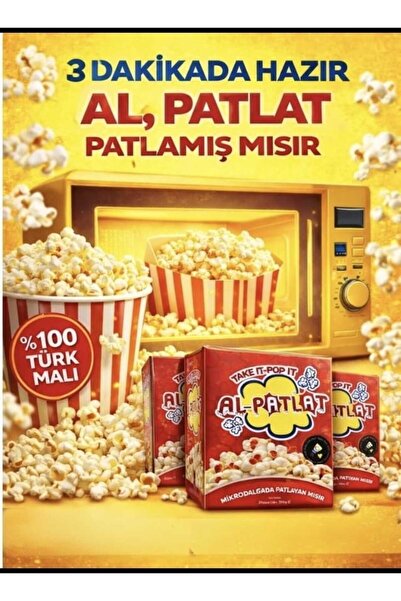 AL-PATLAT Mikrodalgada Patlayan Mısır 1 kutu (100 gr x 3 paket) - 3 Dakikada Hazır - %100 Türk Malı