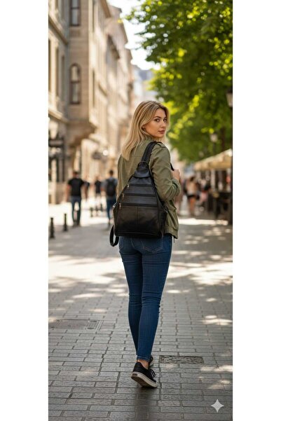 EGE DERİ حقيبة ظهر نسائية سوداء من جلد الخراف الأصلي بنسبة 100%