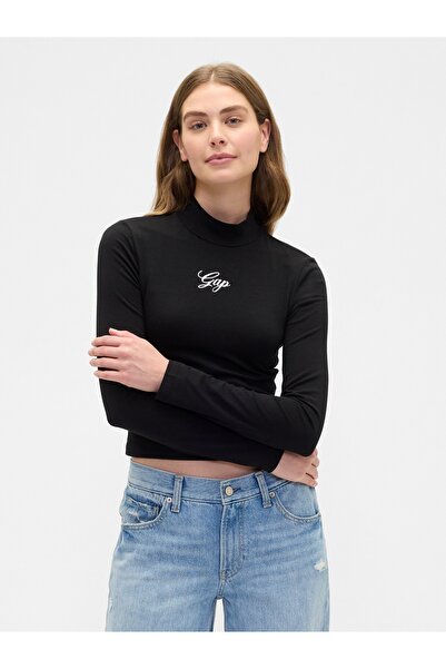 GAP Kadın Siyah Crop Logo Mockneck T-Shirt