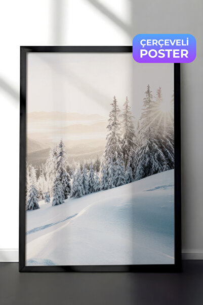 Postifull Zimski izlazak sunca uokvirena slika, crni okvir i poster, zidna sl...