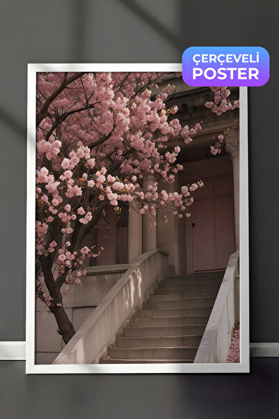 Postifull Slika uokvirena cvetnim stepenicama, beli okvir i poster, zidna sli...