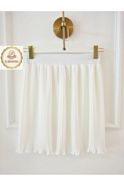 Modabenna Ekru Kadın Piliseli Etek içlik Beli Lastikli Mini Astar Pileli Plis...
