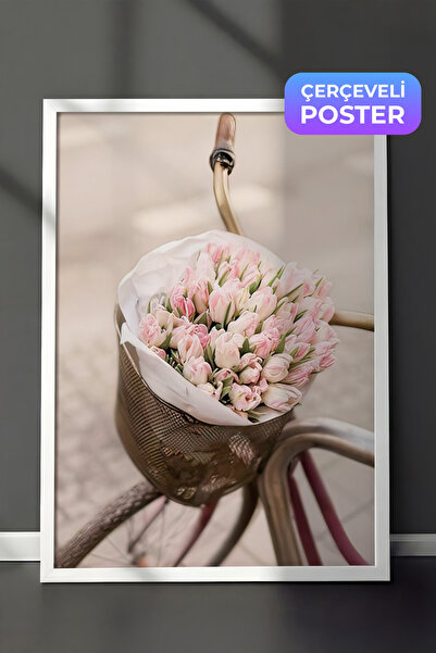 Postifull Pink Tulips on Bicycle Çerçeveli Tablo, Dikey Duvar Tablosu Comfort...