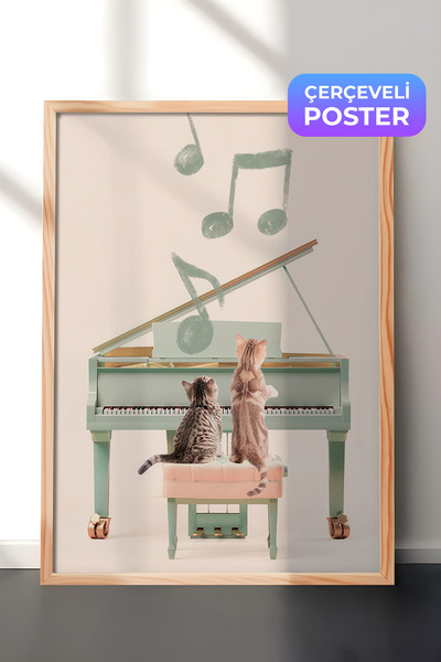 Postifull Cats Playing Piano Çerçeveli Tablo, Ahşap Çerçeve ve Poster, Duvar ...