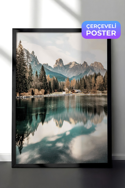 Postifull Slika u ramu "Kuća na jezeru", crni okvir i poster, vertikalna zidn...