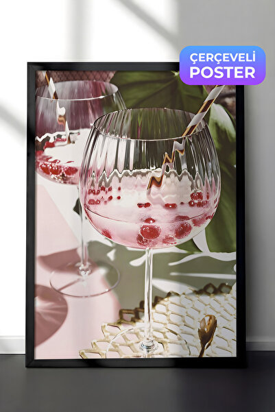 Postifull Pink Drink Çerçeveli Tablo, Siyah Çerçeve ve Poster, Dikey Duvar Ta...