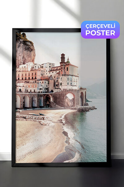 Postifull Uramljena slika obale Amalija, crni okvir i poster, vertikalna zidn...