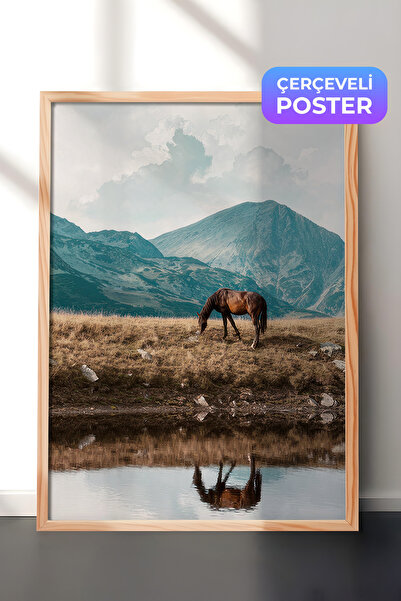 Postifull Slika u ramu sa visokogorskim konjem, drveni okvir i poster, zidna ...