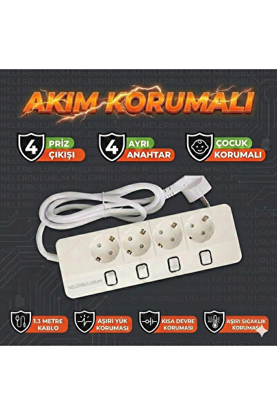 nelerbulurum YÜKSEK KALİTELİ 4'LÜ 1.5 METRE 4 AYRI AÇMA KAPAMA TUŞLU AKIM KORUMALI GRUP PRİZ