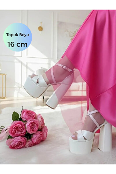 ASLIACAR حذاء زفاف مريح بكعب عالٍ 16 سم ومنصة مائلة قليلاً وشريط متقاطع من أص...