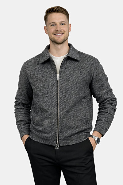 HAVANO Erkek Antrasit Kısa Dokulu Kaşe Ceket Regular Fit Fermuarlı Kışlık Mont