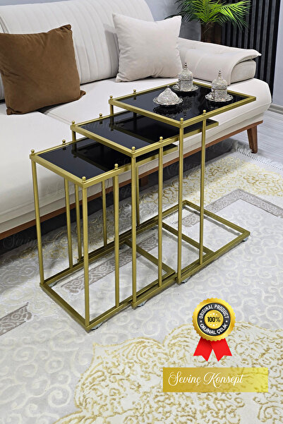 SEVİNÇ KONSEPT 3'lü GOLD Tekerlekli C Sehpa, SİYAH CAM, Güvenlir 6mm Kalın Ca...